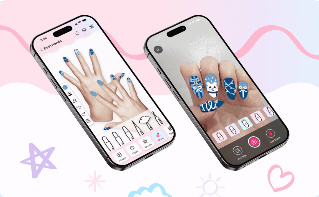 PocketMani AR nail art app shown on two phones