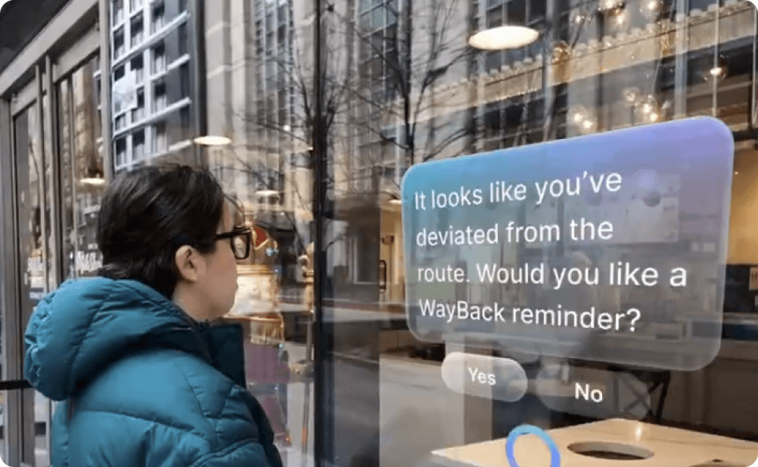 Wayback AR glasses navigation overlay on a city street