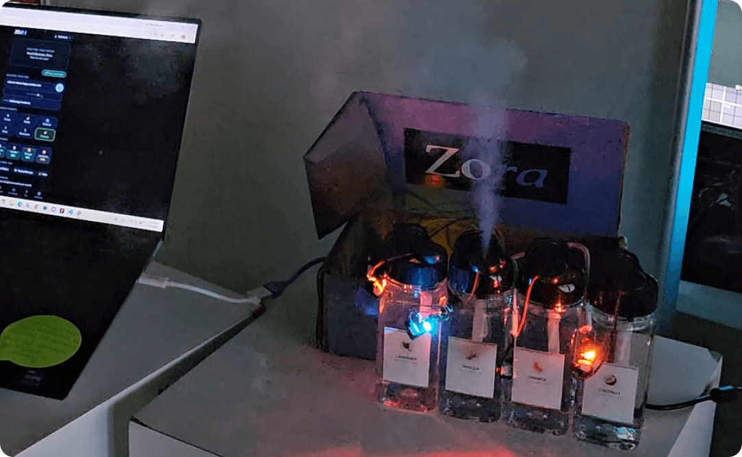 Zora smart scent diffuser with glowing bottles and a laptop